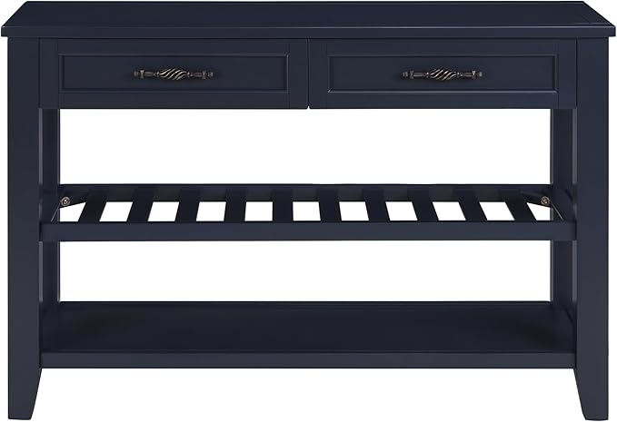 Retro Design Console Table with Two Open Shelves, Pine Solid Wood Frame and Legs for Living Room