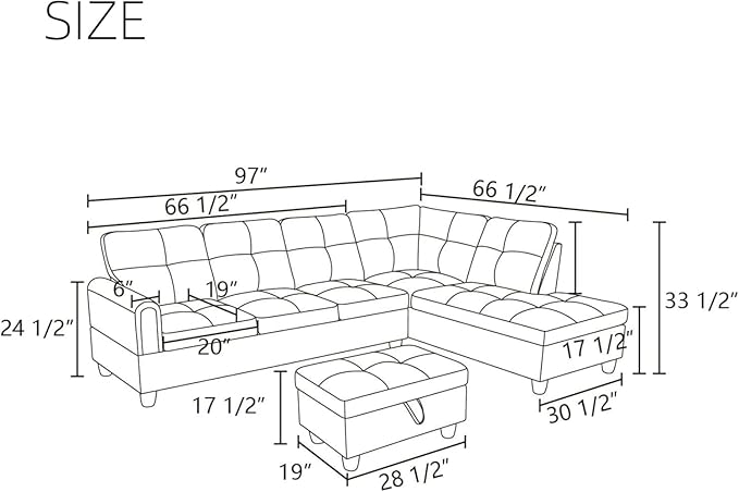 Large Storage Ottoman Sectional Sofa, L-Shaped Couch with Reversible Chaise, Space Saving Design, Gray Fabric with Accent Pillows. (Leather)