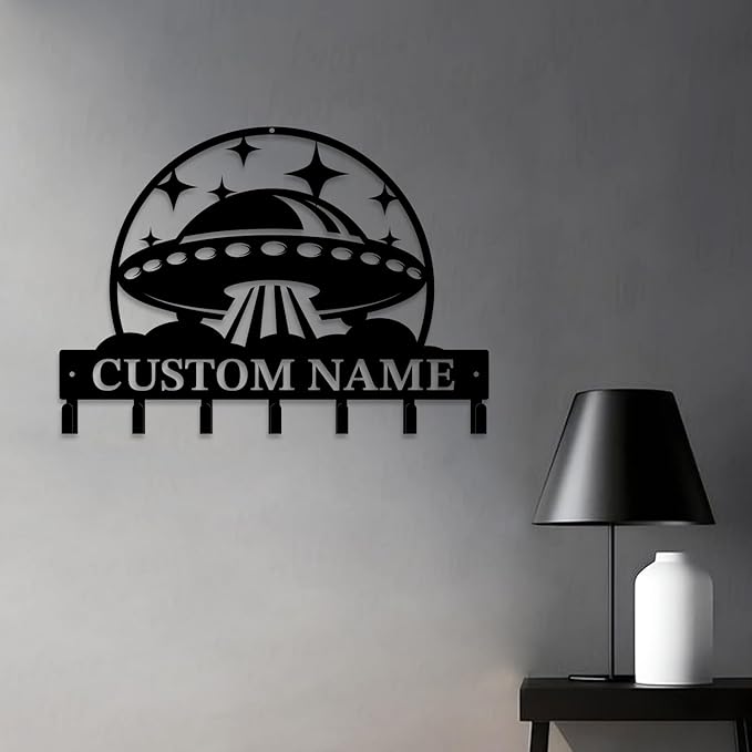 Personalized Custom Alien UFO Metal Wall Keys Hooks,Clothes Hooks Alien UFO Art Coat Racks,Door Holder,Black Alien UFO Decorations for Home,Entrance Doors,Hallway, Bedroom,Keys,Hats (Style F)