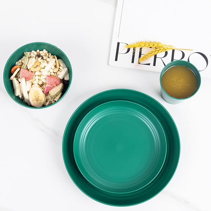 LIYH 24 Pcs Plastic Wheat Straw Dinnerware Set of 6 Plates and Bowls Set Reusable Plates Camping Plates Cups and Bowls Unbreakable Dinnerware Set（Green）