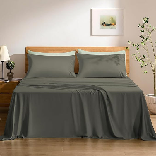TOSMO Luxury Cooling Sheet Set - 100% Viscose from Bamboo, 3-Piece Bedding Set (Twin Size) - 18” Extra Deep Pockets, Oeko-Tex Certified, Silky Soft and Breathable, Charcoal