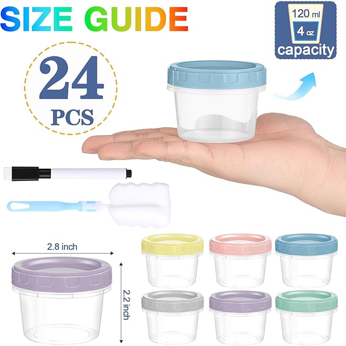 24pcs 4 oz Plastic Containers with Screw Lids, Reusable 1/2 Cup Small Food Storage Containers, Leakproof, Microwave Dishwasher Freezer Safe, with Pen and Brush