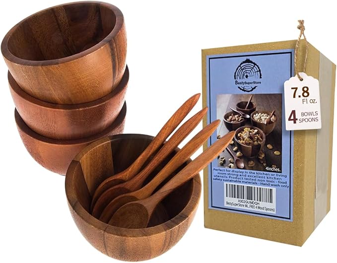 Set of 4 Small Round Acacia Wooden Bowls 4 Inch Diameter With Spoons - Stackable Mixing Bowl for Salad Soup Snack Salsa Dip Sauce Charcuterie Wood Tableware Sets for Decor and Serving