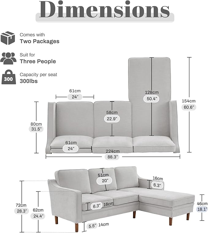 Kingfun 88" L-Shape Sofa, Chenille Sectional Couch, Mid Century Modern Couches with Solid Wood Frame for Living Room & Bedroom, Beige