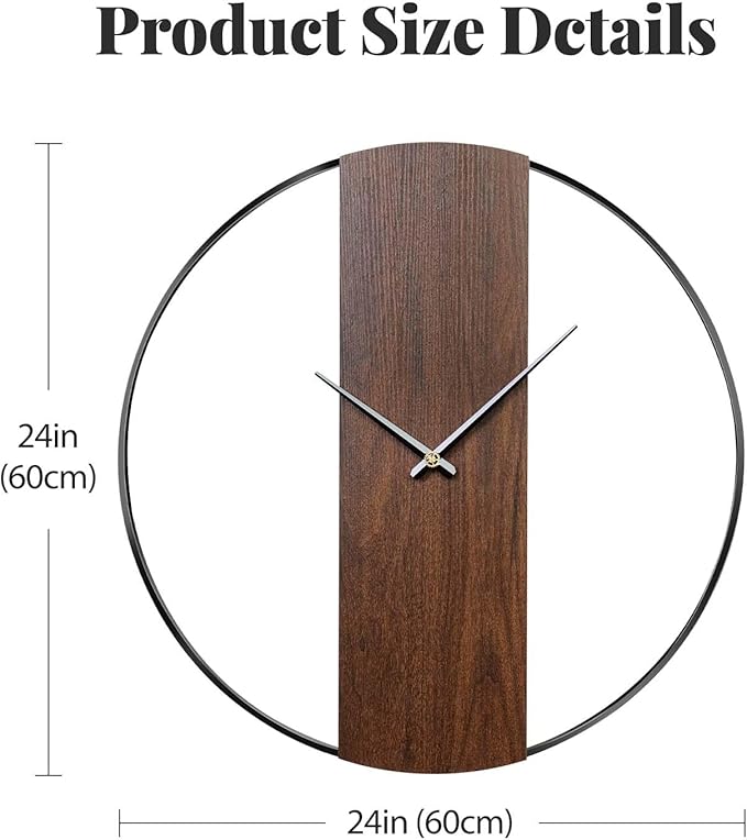 Large Wall Clock 24 Inch Decorative Modern Minimalist Wall Clocks for Living Room Decor, Silent Non Ticking Battery Operated Rustic Big Clock with Walnut Dial for Bedroom, Kitchen, Farmhouse, Office