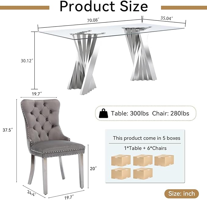 Goujxcy 70" Glass Dining Table Set for 6, Modern Silver Dining Table Set with 6 Grey Velvet Upholstered Dining Chairs, 7 Piece Kitchen Dining Room Table Set with Stainless Steel Legs