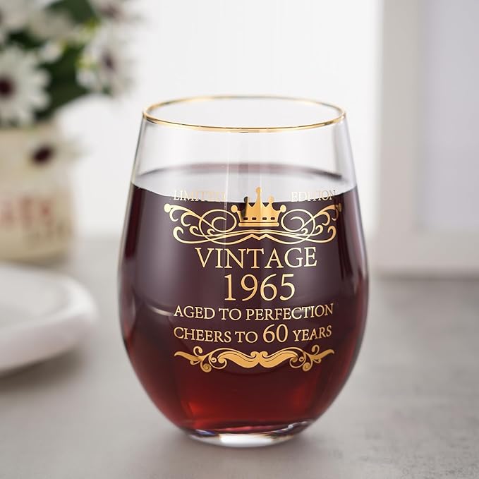 1965 60th Birthday Gifts for Women Men 15oz Wine Tumbler Red Wine Glass Drinking Cup 60 Years Old Birthday Present 60th Anniversary Present