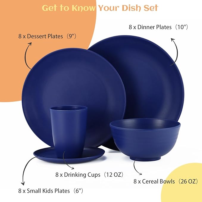 Homienly 40 Pcs Wheat Straw Dinnerware Sets, Dinner Plates, Cups, Pasta Bowls, Dishes Set For 8, Microwave Safe Plates and Bowls Sets, Blue