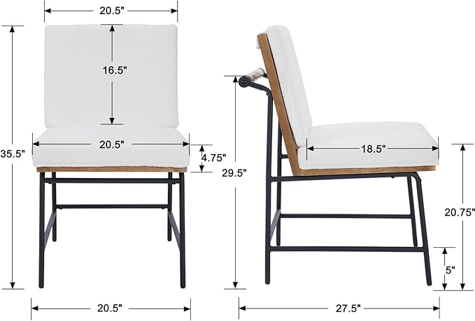 DUOMAY Mid-Century Modern Dining Chairs Set of 2, Sherpa Upholstered Side Chair with Rear Handle, Armless Chair with Metal Legs for Kitchen Dining Room Living Room Vanity, White
