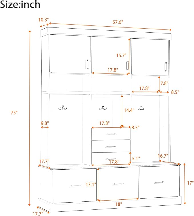 Merax 5-in-1 Hall Tree with Bench and Storage, Modern with Coat Rack, 6 Drawers, 3 Cabinets and 3-Tier Top Storage for Hallway, Entryway, Living Room, Black