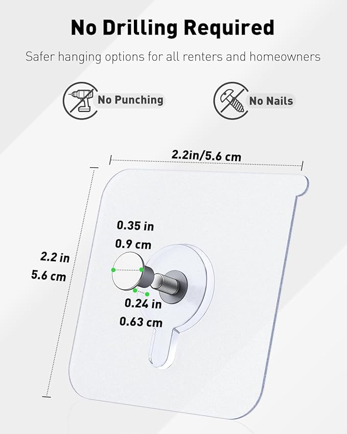 Uniclife 30 Pcs Self Adhesive Picture Hooks 33 lbs Max Load Heavy Duty Picture Hangers Without Nails Wall Hooks for Hanging Transparent Waterproof Frame Hangers Sticky Hook for Bathroom Kitchen