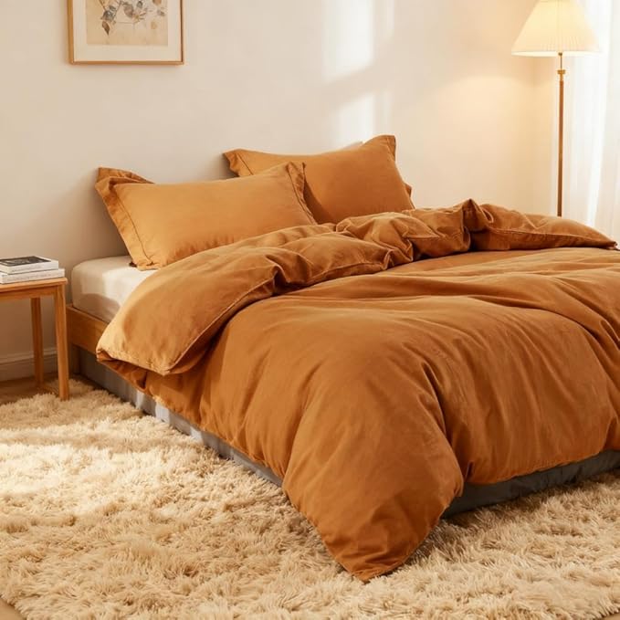 Simple&Opulence French Linen Duvet Cover Set 68" x 86"- 2 Pieces (1 Comforter Cover,1 Pillowcase)- Natural Flax Cotton Blend-Solid Color Breathable Farmhouse Bedding-Rust, Twin