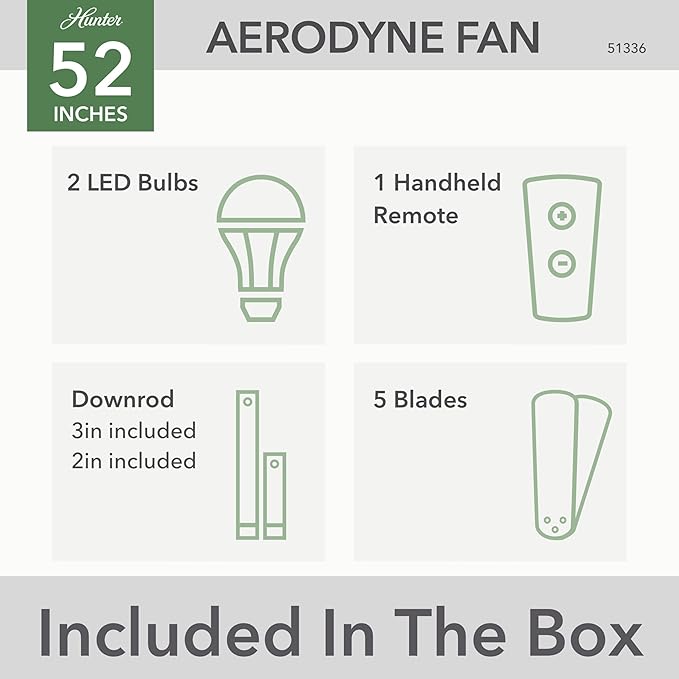 Hunter 52 inch Indoor Ceiling Fan with LED Light and Remote Control - White Modern Smart Ceiling Fan, Standard Mount, 5 Blades, For Bedroom, Living Room, or Kitchen, Quiet- Aerodyne 51336, Fresh White