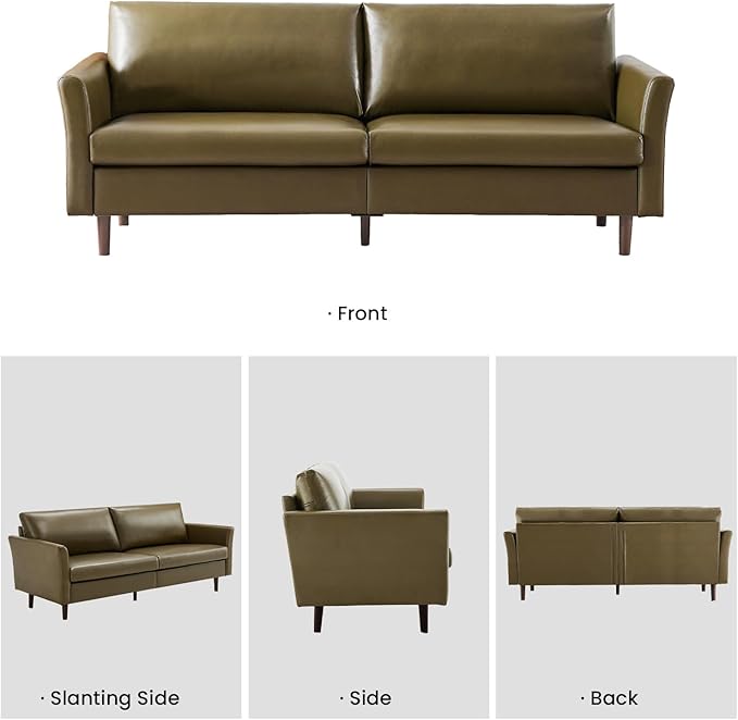 Kingfun Faux Leather 3 Seat Couch Set for Living Room, Mid Century Modern Sofa with Rolled Arms and Deep Seats, Fluffy Comfort for Apartment, Easy to Assemble, Olive Green