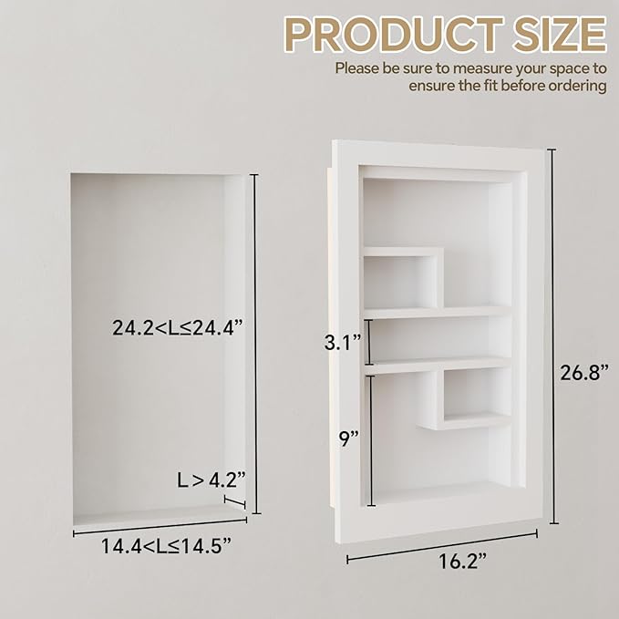 Solid Wood 14 X 24 Recessed Medicine Cabinet,3-Tier, Medicine Cabinet Organizer,Wall Niche, Bathroom Wall Cabinet, Recessed Bathroom Cabinet, Bathroom Cabinet with Storage White
