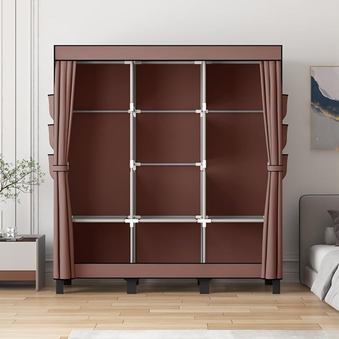 Portable Wardrobe, Clothes Organizer, Easy Hanger Wardrobe, Multiple Dividers and 3 Drawers, 6 Side Pockets Large Capacity (Coffee)