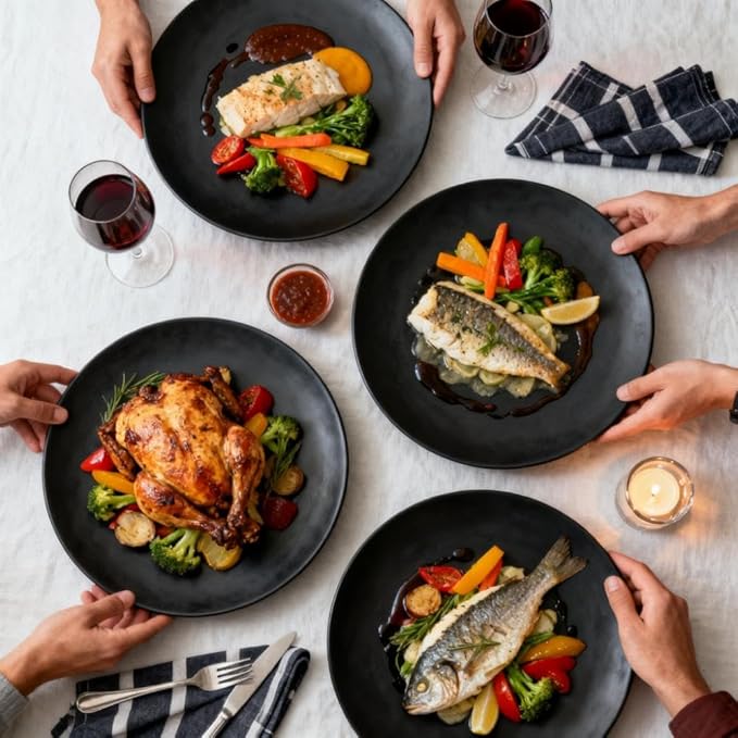 24 Piece Wheat Straw Dinnerware Set -Plates and Bowls Sets for 6 Black Unbreakable Dinner Plates Set Dishwasher Microwave Safe Reusable Plates for Picnic Birthday Camping