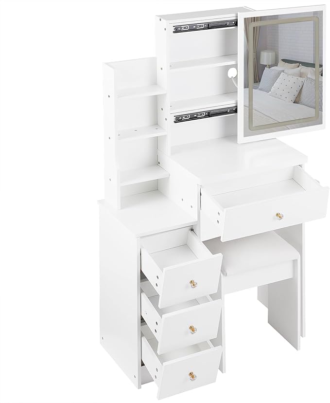 Makeup Vanity Desk Set with LED Lights, 3-Mode Adjustable Lights, Small Vanity with Chair，Compact Space Storage Shelves, Hair Dryer Holder Compact Vanities Table for Bedroom, White