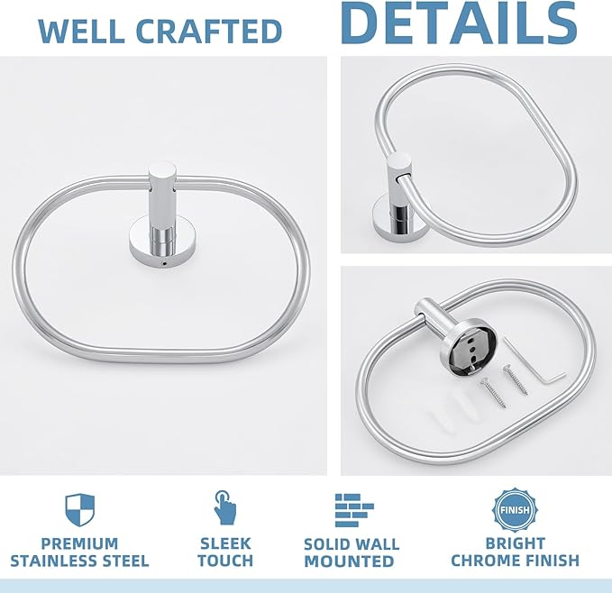 APLusee Oval Towel Ring Chrome, Stainless Steel Hand Towel Holder for Bath Kitchen, Wall Mounted