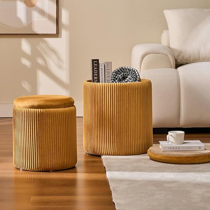 Round Ottoman with Storage Set of 2-Upholstered Sherpa Vanity Stool for Makeup Multifunctional Ottomans Coffee Table Padded Seat Foot Rest (Engineered Wood, Yellow)