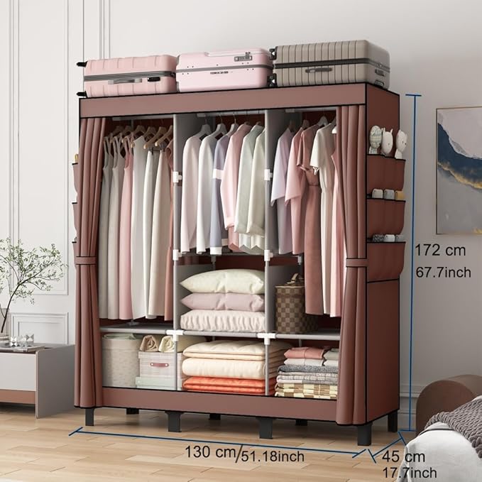Portable Wardrobe, Clothes Organizer, Easy Hanger Wardrobe, Multiple Dividers and 3 Drawers, 6 Side Pockets Large Capacity (Coffee)