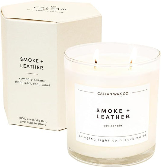 Calyan Wax Co. Smoke & Leather 2 Wick Scented Candle - 37 Hour Burn - Luxury Non Toxic Soy Wax Candles - Long Lasting Large Glass Jar Candle for Home - 8.8oz