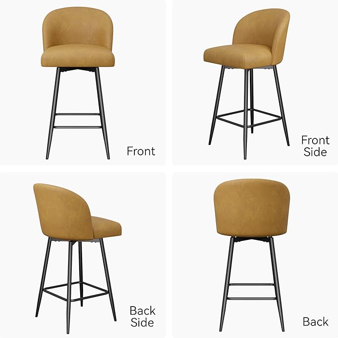 Counter Height Bar Stools Set of 4,360° Swivel Barstools with High Back and Metal Legs,26" Seat Height, Upholstered PU Leather Bar Chairs for Kitchen Island, Dining Room,Cafes,Yellow