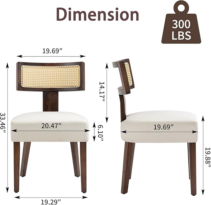 Upholstered Rattan Dining Chairs Set of 4, Mid-Century Modern Fabric Dining Room Chair with Brown Hardwood Frame, Curved Backrest Kitchen Chairs Armless Accent Chairs for Living Room (Cream)