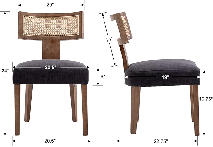 Rattan Dining Chairs Set of 6, Modern Fabric Upholstered Kitchen Chairs, Wooden Dining Room Chair Farmhouse Dinner Chair, Charcoal