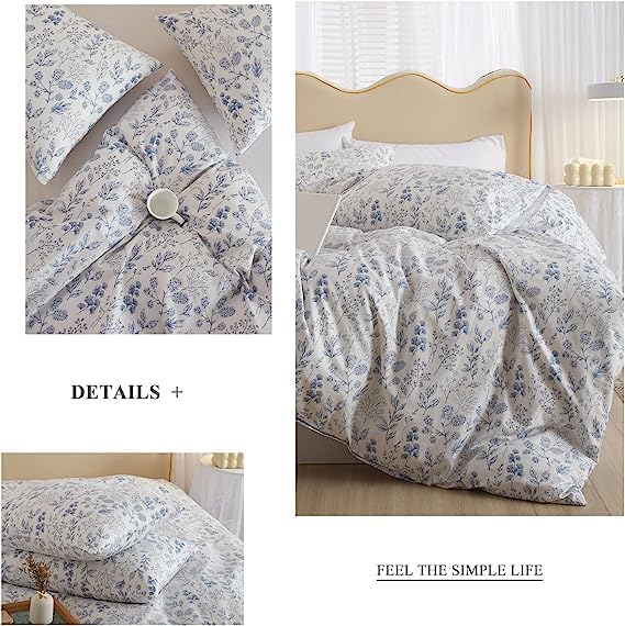 LifeTB Cotton Floral Duvet Cover Twin XL White Blue Floral Print Bedding Sets Vintage Boho Floral Comforter Cover Cottagecore Bedding Set Aesthetic Botanical Flower Duvet Cover with Zipper Closure