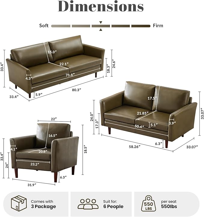 Kingfun Faux Leather 3 Seat Couch Set for Living Room, Mid Century Modern Sofa with Rolled Arms and Deep Seats, Fluffy Comfort for Apartment, Easy to Assemble, Olive Green Sofa and Chair