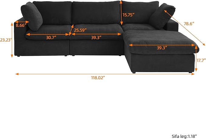 JACH L-Shaped Cloud Sectional Couches for Living Room, Modular Convertible Sofa, Ottoman with Storage, Thick Cushions, Couch Covers Removable, Cloud Sectional Sofas for Apartment (Black)