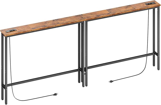 ELYKEN 2 Pack 5.9" Narrow Console Sofa Table with Power Outlets, Total 78.8” Long Behind Couch Table with Charge Station and 5.9’ Extension Cord for Living Room, 5.9"D x 78.8”W x 29.5”H, Rustic Brown