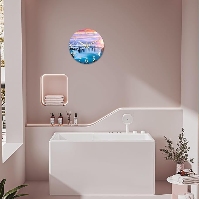 XNM Modern Blue Beach Wall Clocks Battery Operated 12 Inch Round Decorative Wall Clock for Living Room Quiet Waterfall Wall Clock