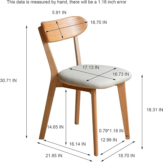 Solid Wood Dining Chair,FAS-Grade North American Oak, Ergonomic Curved Backrest & Pear White Thick Upholstered Seats,Oak Padded Dining Chair for Heavy People,Easy Assembly,400 lb Capacity
