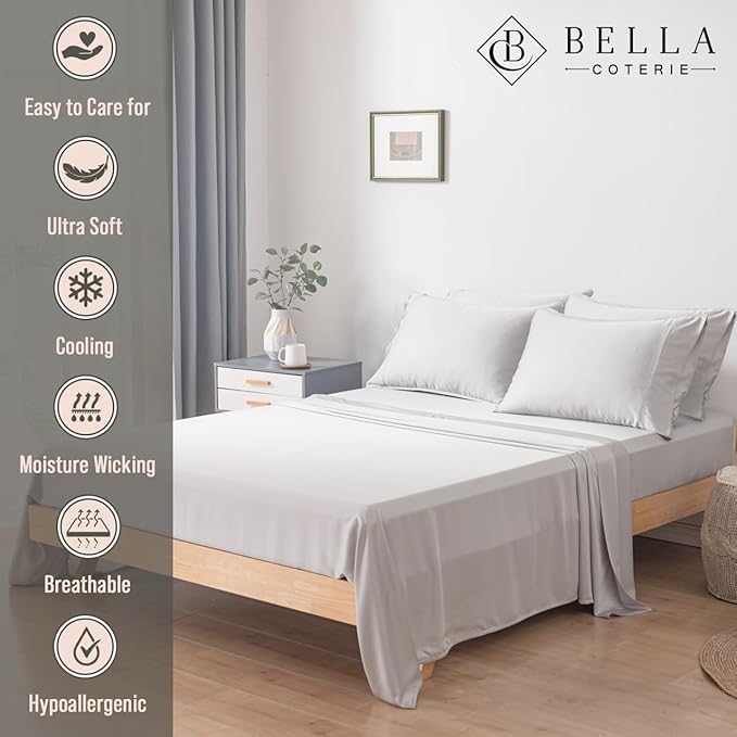 Bella Coterie 7 Piece Luxury Bamboo Viscose Split King Size Sheet Set | 2 Fitted Sheets for Adjustable Beds | 100% Organically Grown | Cooling for Hot Sleepers | 4 Pillowcases [Grey Mist]