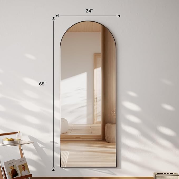 Arched Full Length Mirror - 65 x 24 inch Full Body Floor Mirror, ShatterVue Tempered Glass, Standing, Leaning, Wall Mounted for Living Room, Bedroom, Black