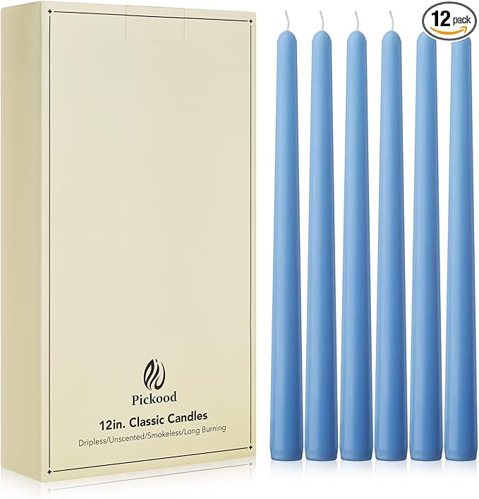 New Burning Formula Unscented Dripless 12-Inch Taper Candles Set of 12 - Light Blue, for Wedding, Dinner - Smokeless, Long Burning - Hand Poured, Colored Tall Candlesticks - Azul Claro