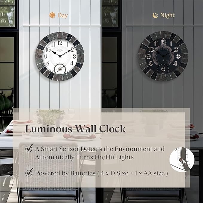 Presentime & Co 14" Illuminated in/Outdoor Clock with Smart Sensor and Night Light, Waterproof, Large Wall Clock with Thermometer, for Garden and Patio -Faux Slate.
