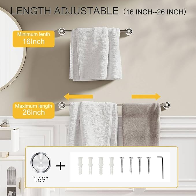 BESy Adjustable Bronze 16 to 28 Inch Bath Towel Bar Rack for Bathroom Towel Holder, Wall Mounted Towel Bar Rod Hanger Bathroom Hardware Accessories Hotel Style, Stainless Steel, Polished Chrome