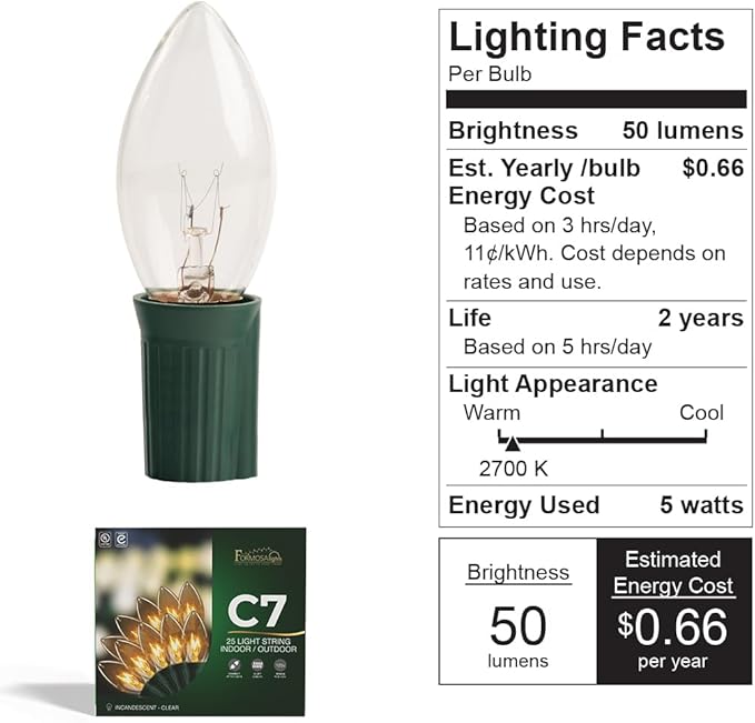 C7 25ft Indoor/Outdoor Clear Incandescent Christmas String Lights/Patio Lights with 25 Bulbs | 120V, 5W