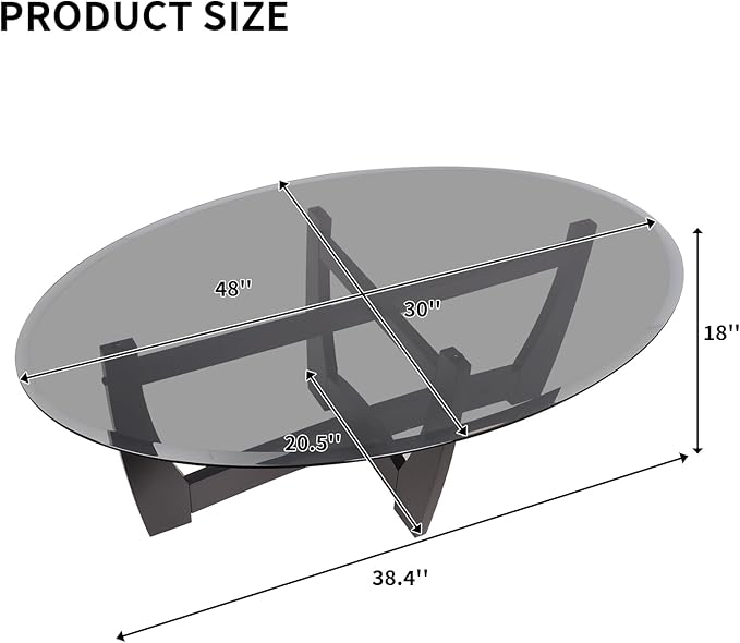 LKTART 48" Oval Glass Coffee Table with Black Tempered Glass Top Cross and Solid Wood Base Simple & Modern Center Table for Living Room Office Apartment Black