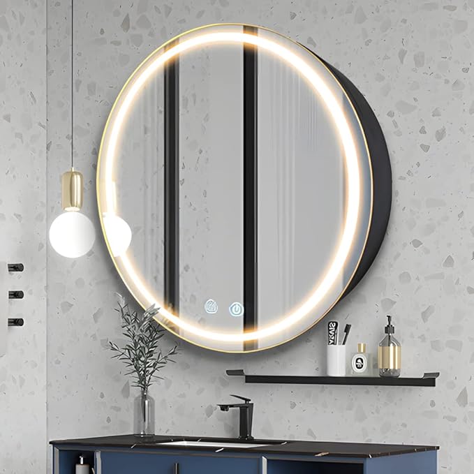 30 inch Round Medicine Cabinet with Lights,Led Medicine Cabinet with Defogger,Illuminated Mirror Cabinet for Bathroom,Dimmable,Defogger,3 Color Temperature 3000k-6500k Black