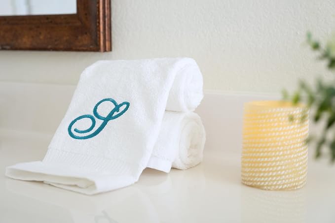 White Monogrammed Hand Towels for Bathroom - Luxury Hotel Quality Personalized Initial Embroidered Towel for Powder Room, Spa - GOTS Organic Certified - Pack of 2 Teal, Letter S