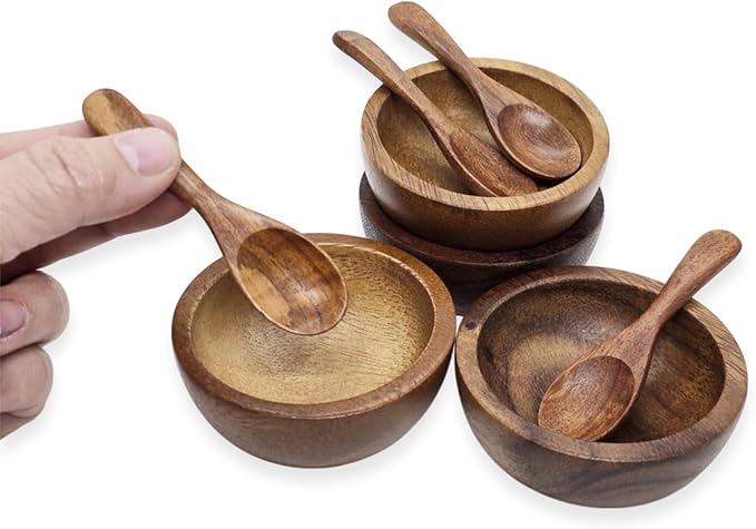 Set of 4 Small Round Acacia Wooden Bowls 2¾ Inch Diameter With Spoons - Stackable Mixing Bowl for Salad Soup Snack Salsa Dip Sauce Charcuterie Wood Tableware Sets for Decor and Serving