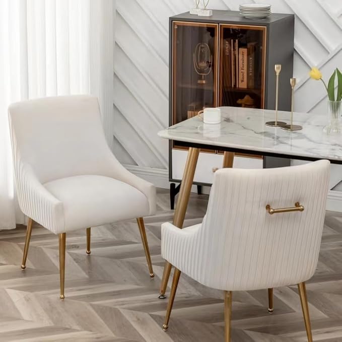 Dining Chairs, Accent Chairs Set of 2, Modern Upholstered Kitchen Dining Room Chairs with Gold Legs, Fabric Tufted Velvet Living Room Chairs for Reception Room Bedroom Guest Room (Beige)