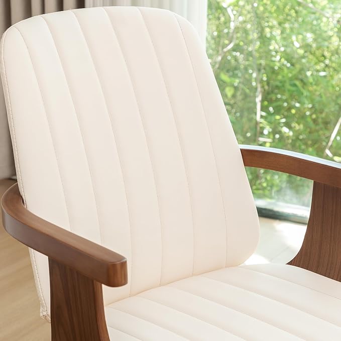 Swivel Dining Chairs Set of 2, Mid Century Modern Dining Chairs with Walnut Craftsmanship, Upholstered Faux Leather , Wooden Arms and Legs, Kitchen Chairs with Arms for Kitchen/Living Room - Beige