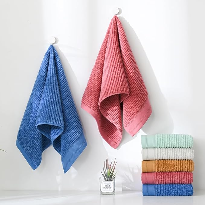 YiLUOMO Ribbed Striped Hand Towel Set of 2 Soft and Absorbent 100% Cotton Bathroom Hand Towel Decorative 13 x 29 Inch (Green)