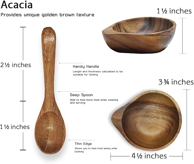 3¾" mini Acacia Wood Bowl with Tip-Supported Holding in small size for Condiments, Dip Sauce, Nuts, Candy, Fruits, Appetizer, and Snacks, Dia 3¾"x 1½" H - Set of 4 (FREE 4 Wood Spoons)