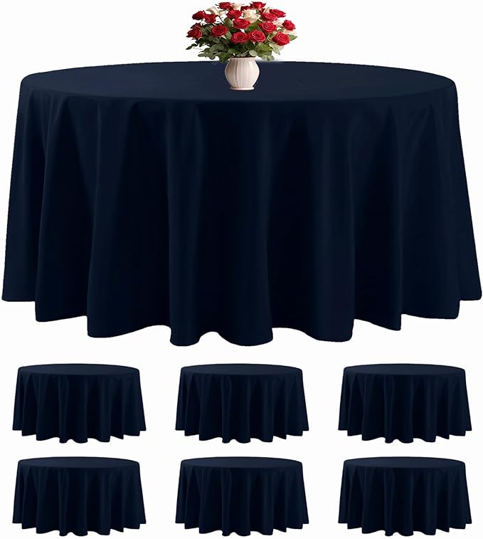 6 Pack Navy Blue Round Tablecloths 132 Inches Table Cloth Stain and Wrinkle Resistant Washable Polyester Table Cover Fabric for Party, Wedding,Dining,and Banquet Decoration